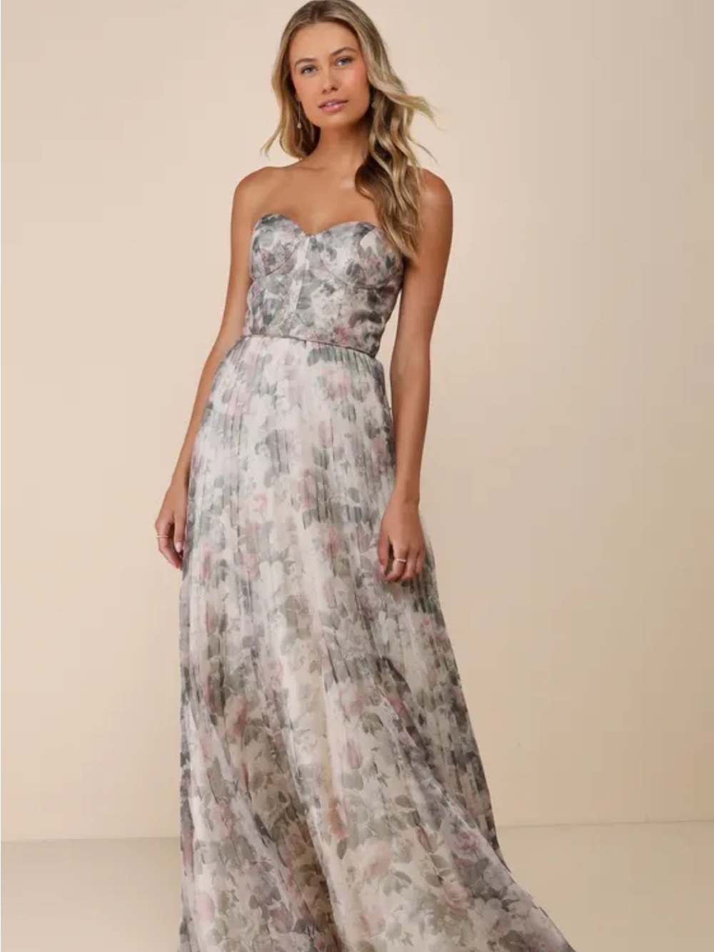 Lulu's Strapless Floral Pleated Maxi Dress in Pink and Green - Picture 5 of 8